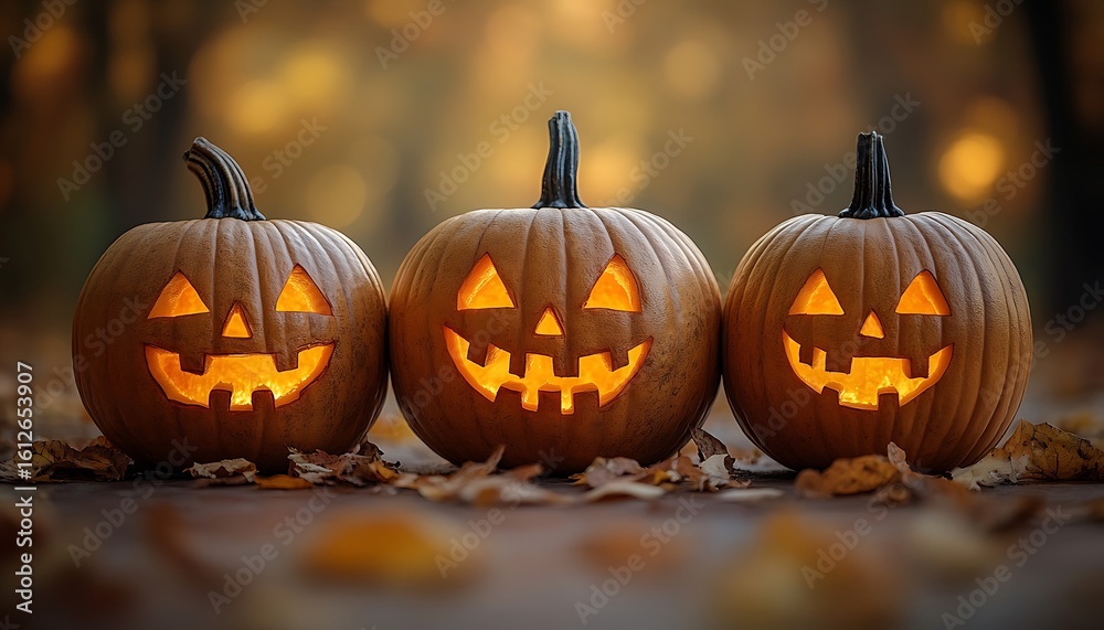 Obraz premium Three carved glowing jack o lanterns in a row on autumn leaves halloween pumpkin