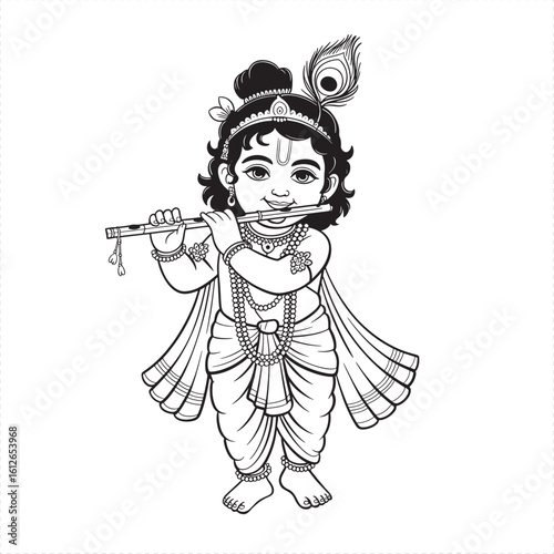 Black and white illustration of baby Krishna playing the flute Hindu god Indian mythology