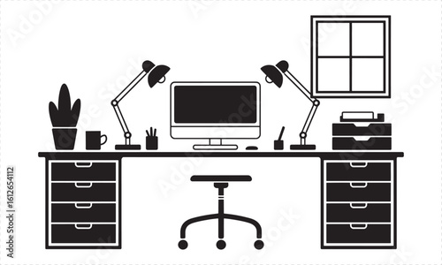 Black and white vector illustration of a desk with computer and lamps office workstation