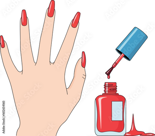 A hand with long red nails next to an open bottle of red nail polish with a blue cap and brush