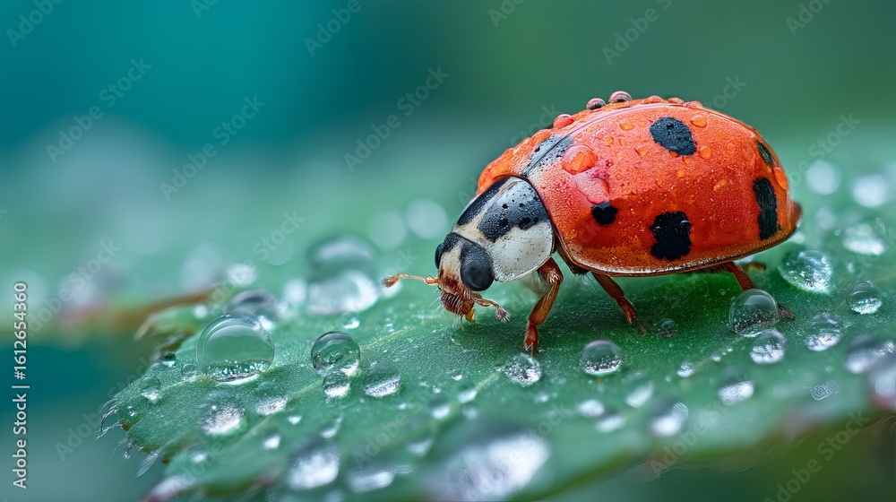 Obraz premium Close-up of a ladybug with dew drops on a green leaf, showcasing vibrant colors and detail.