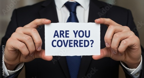 Insurance Offer Man in Suit Asks Are You Covered with a Sign.