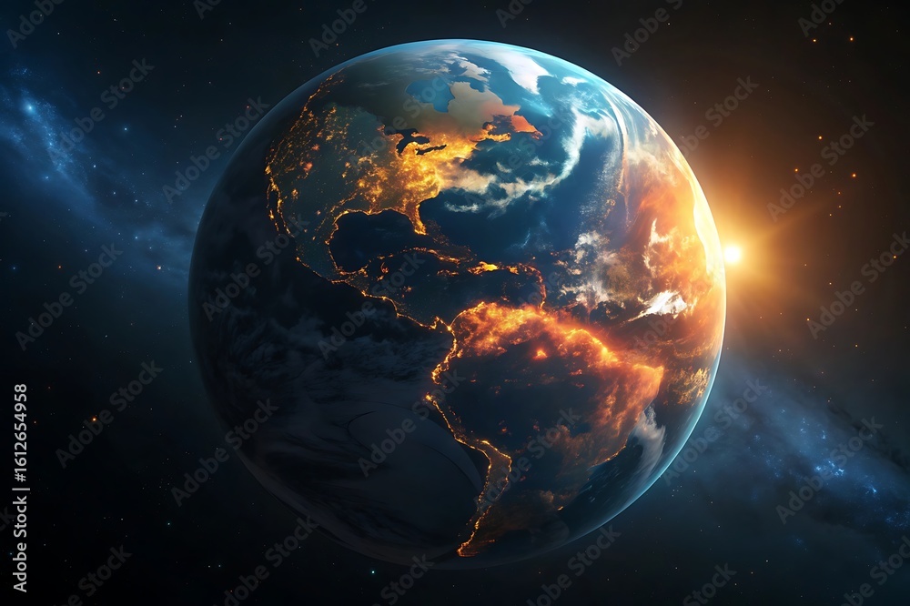 Fototapeta premium Earth illuminated by sunrise in the vastness of space