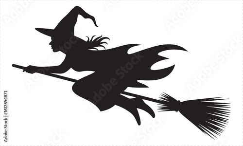 Black silhouette of a witch flying on a broomstick halloween