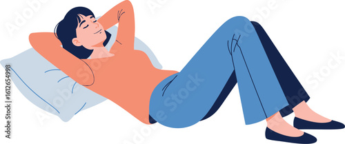 A woman lying on a pillow with her hands behind her head and eyes closed in a relaxed pose