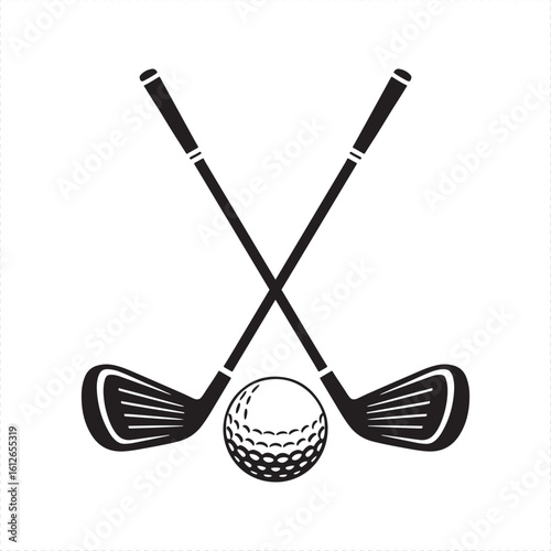 Black silhouette of crossed golf clubs and dimpled ball golf ball sport