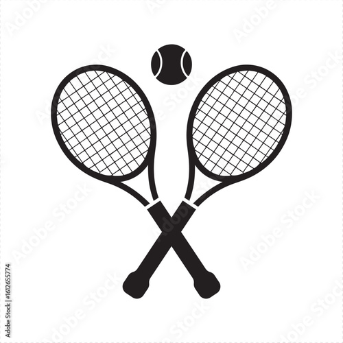 Black Tennis Rackets Crossed With Ball Above Vector Graphic sport