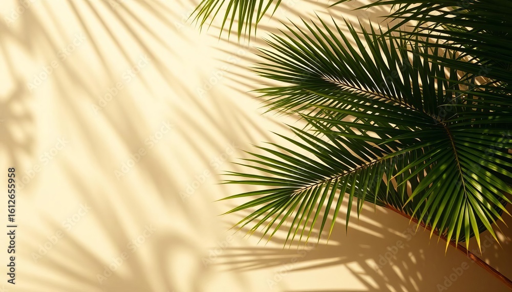 Obraz premium Sun-dappled beige backdrop with overlapping tropical palm leaf shadows, beige, palm leaf shadow