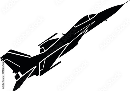 A black silhouette of a fighter jet angled upwards against a stark white background space