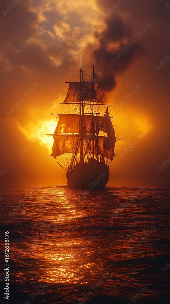 Obraz premium Tall Ship Sailing on Golden Sea at Sunset with Dramatic Sky and Clouds