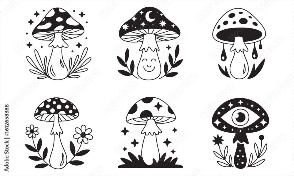 Obraz premium Six Black and White Mushroom Illustrations with Celestial and Botanical Elements fungi