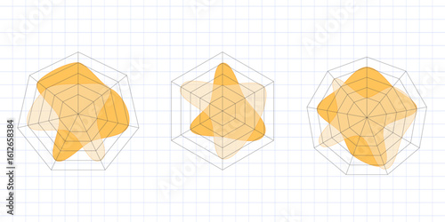 Collection of Kiviat diagram templates featuring spider charts and radar plots. Irregular star polygons for business analytics and multivariate data visualization. Isolated on white