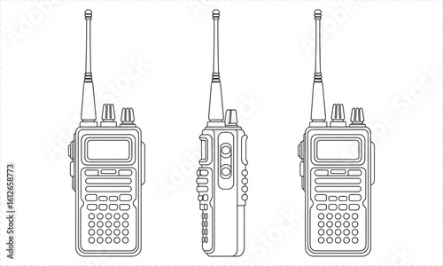 Three outline illustrations of a portable radio transceiver walkie talkie communication