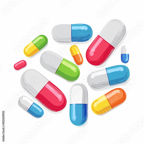 A circular arrangement of various colorful medicine pills and capsules, including a round tablet, isolated on a white background.