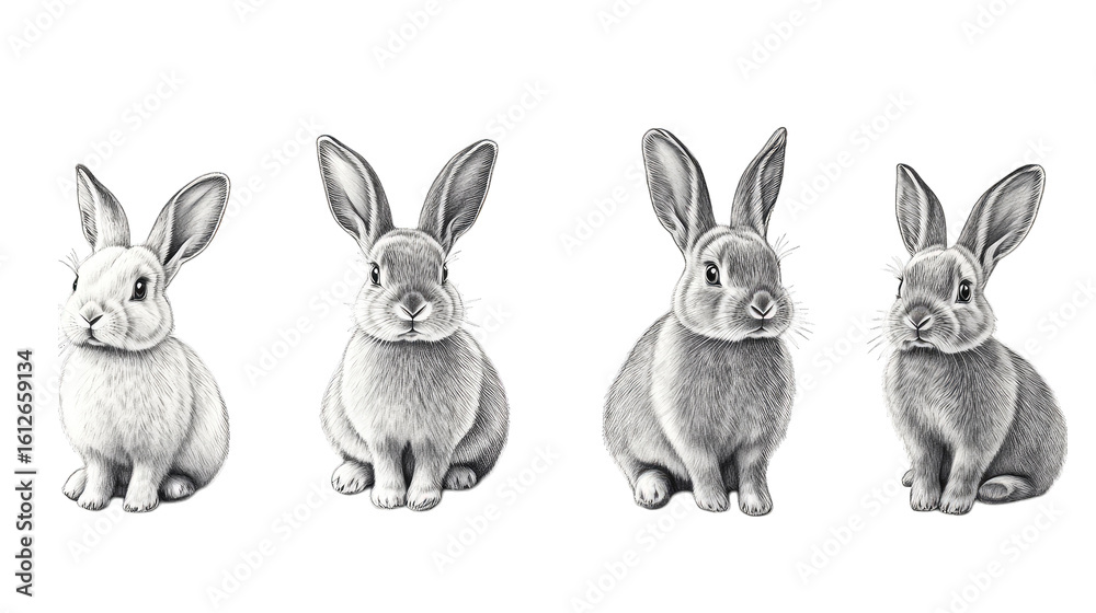 Obraz premium Four Realistic Pencil Drawings Of Rabbits In Different Shades Of Grey From White To Dark Grey Sitting On A Transparent Background