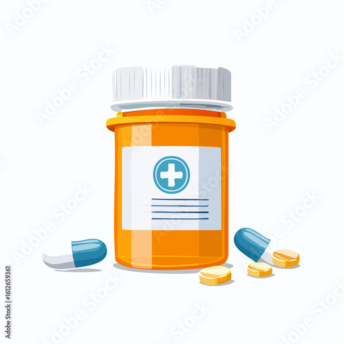 Vector illustration of a prescription medicine bottle with a plain label and scattered pills. Pharmaceutical and medical concept.