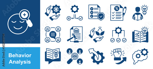 Behavior Analysis  icon set with Conditioning, Reinforcement, Punishment, Observation, Response, Motivation, Cognition, Evaluation, Learning, Behaviour.