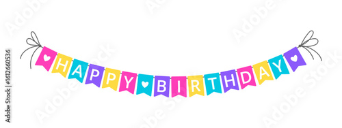 set of cartoon colorful birthday garlands with flags in bright hues, with text Happy Birthday, perfect for festive designs and greeting cards