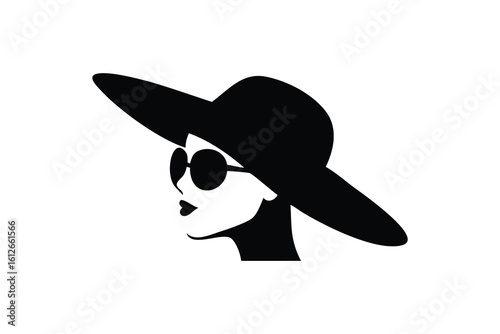 Elegant female silhouette profile wearing wide brim hat and round sunglasses, minimalist black and white design for fashion, style, logo, beauty branding, glamour concept illustration.
