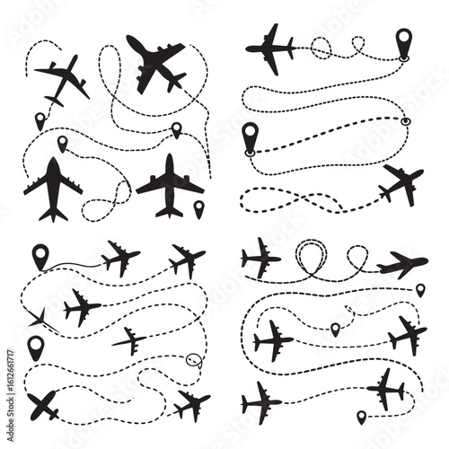 Line path vector icons of air plane 
flight routes with start point 