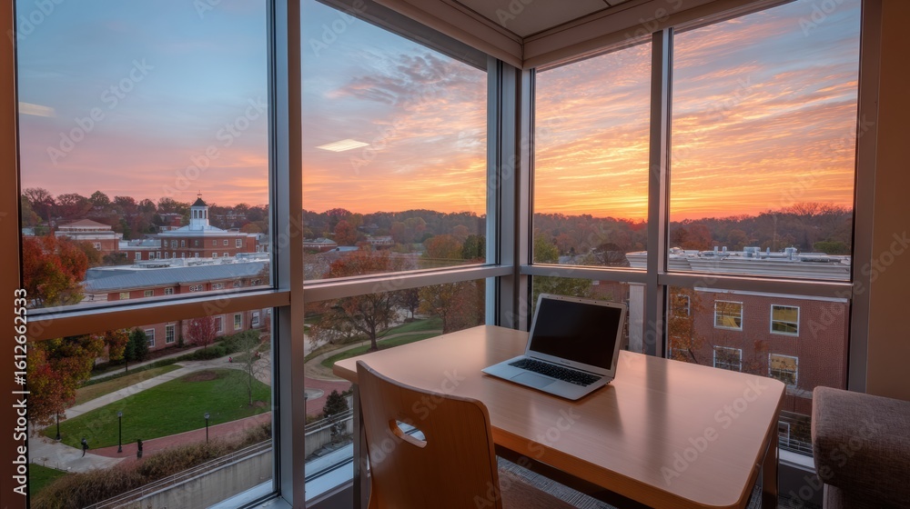 Fototapeta premium Study Table Illuminated by Sunrise Over Campus With an Open View Through the Window
