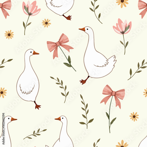 White geese walking among flowers and bows in a floral pattern  