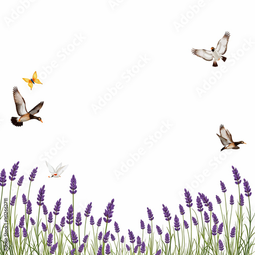 Lavender field with flying birds and butterflies on white background  