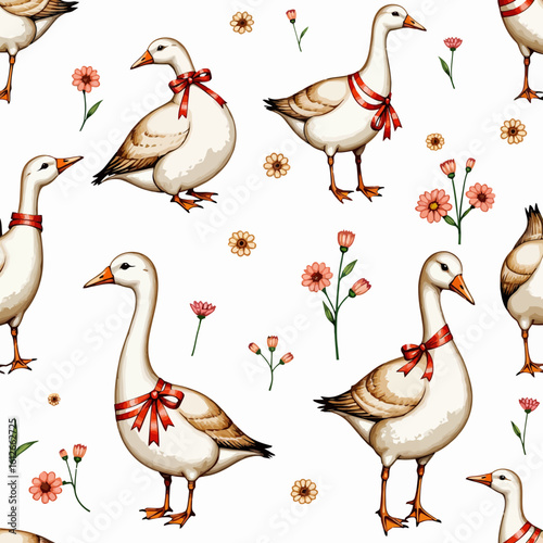 Cute geese with bows and flowers in decorative floral pattern  