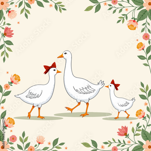 Three geese walking with floral frame and decorative bows  