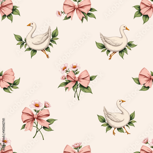Decorative pattern with geese, flowers, and bows on beige background  