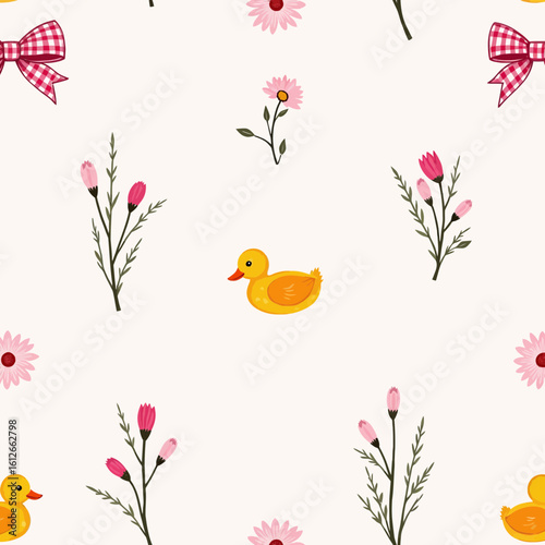 Pattern design with yellow duck, flowers, and bows on cream background  