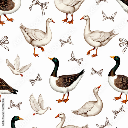 Geese and ducks with bows in vintage style seamless pattern  