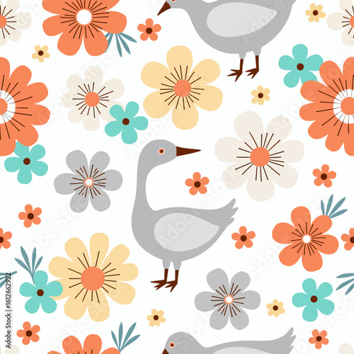 Gray goose among colorful flowers in cheerful pattern design  