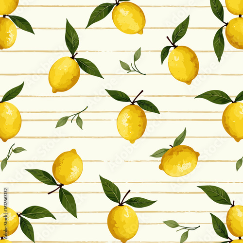 Lemon pattern with leaves on light striped background  
