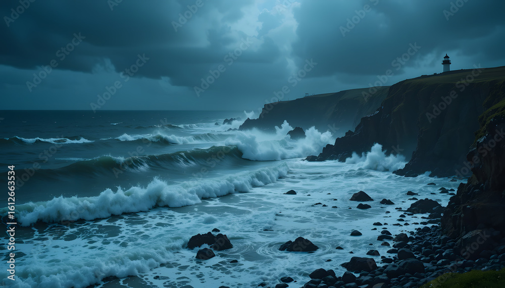 Fototapeta premium Powerful ocean waves crash against rugged cliffs under a dark, stormy sky, with a lighthouse on the distant headland.