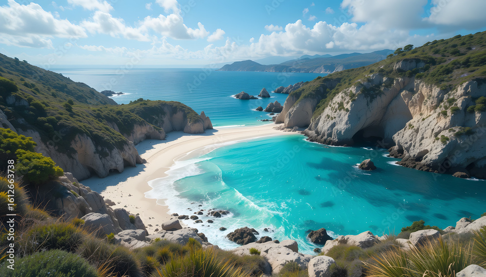 Fototapeta premium A stunning aerial view of a secluded turquoise beach cove surrounded by lush green cliffs under a clear blue sky.