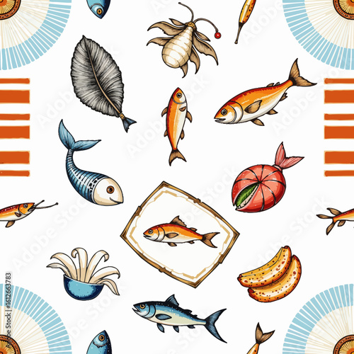 Colorful seafood pattern with fish and various marine elements  