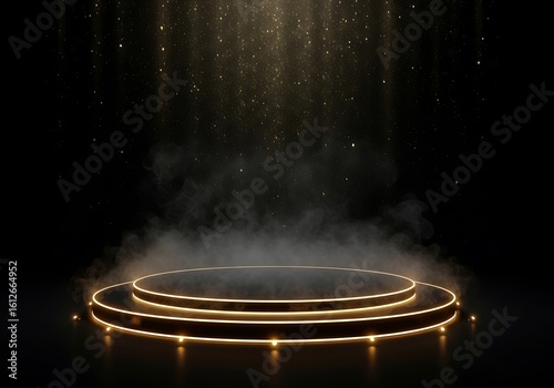 Circular stage with golden lights and falling sparkles podium tiered