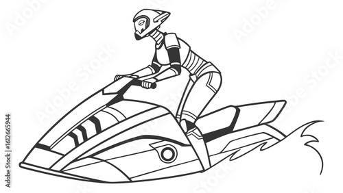 A futuristic robot with helmet riding a jet ski over water in black and white illustration style