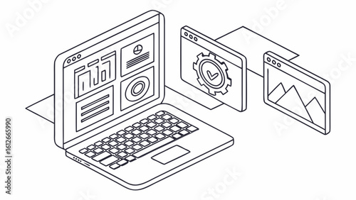 Isometric laptop displaying dashboards and settings windows in a clean line art style design