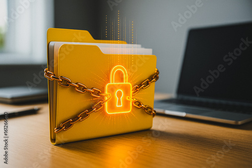 Data Fortress: A conceptual rendering of digital security with a file folder under lock and chain, evoking the ideas of confidentiality and digital safety.