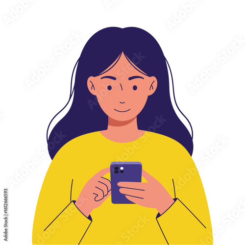 Young Woman Using Smartphone. Flat Vector Illustration of Girl Texting or Browsing on Mobile Phone