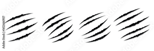Set of Black Claw Scratch Marks Isolated on White Background – Animal Attack or Monster Rip Effects Collection