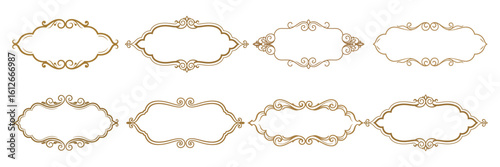 Set of minimalist frames in metallic colors. Golden, silver, bronze and pink colored frame borders for invitation cards of wedding.