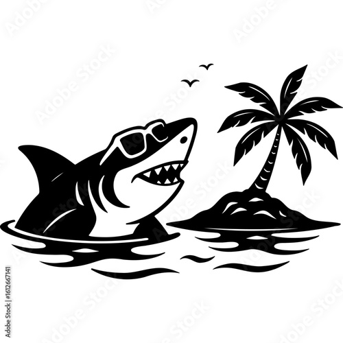 Sketchy emblem of friendly shark in sunglasses looks at an island with tourists. Engraving minimalistic vector in black ink drawing on transparent background