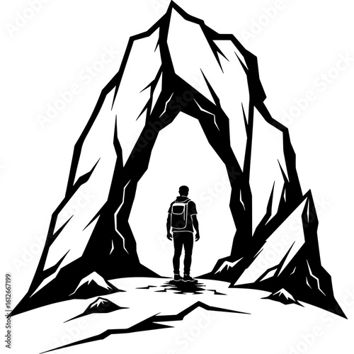 Sketchy emblem of tourist stands at the entrance to a cave arch. Engraving minimalistic vector in black ink drawing on transparent background