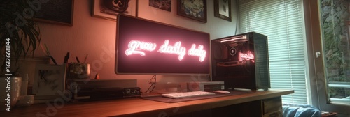 Minimal Workspace Featuring a Soft Glowing Grow Daily Neon Sign With an Organized Desk and an Inviting Atmosphere