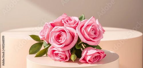 Wallpaper Mural Elegant pink rose bouquet on light beige podium Minimalist floral still life,  rose,  minimalist Torontodigital.ca