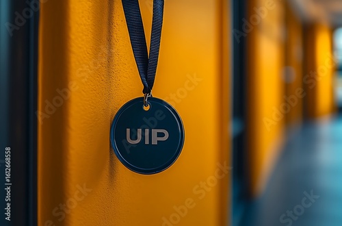 Black medal mockup on yellow wall in modern hallway

