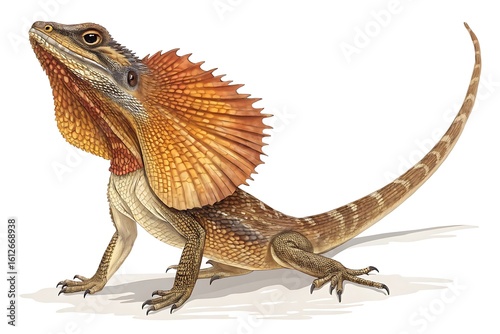 Frilled neck lizard standing on a white surface